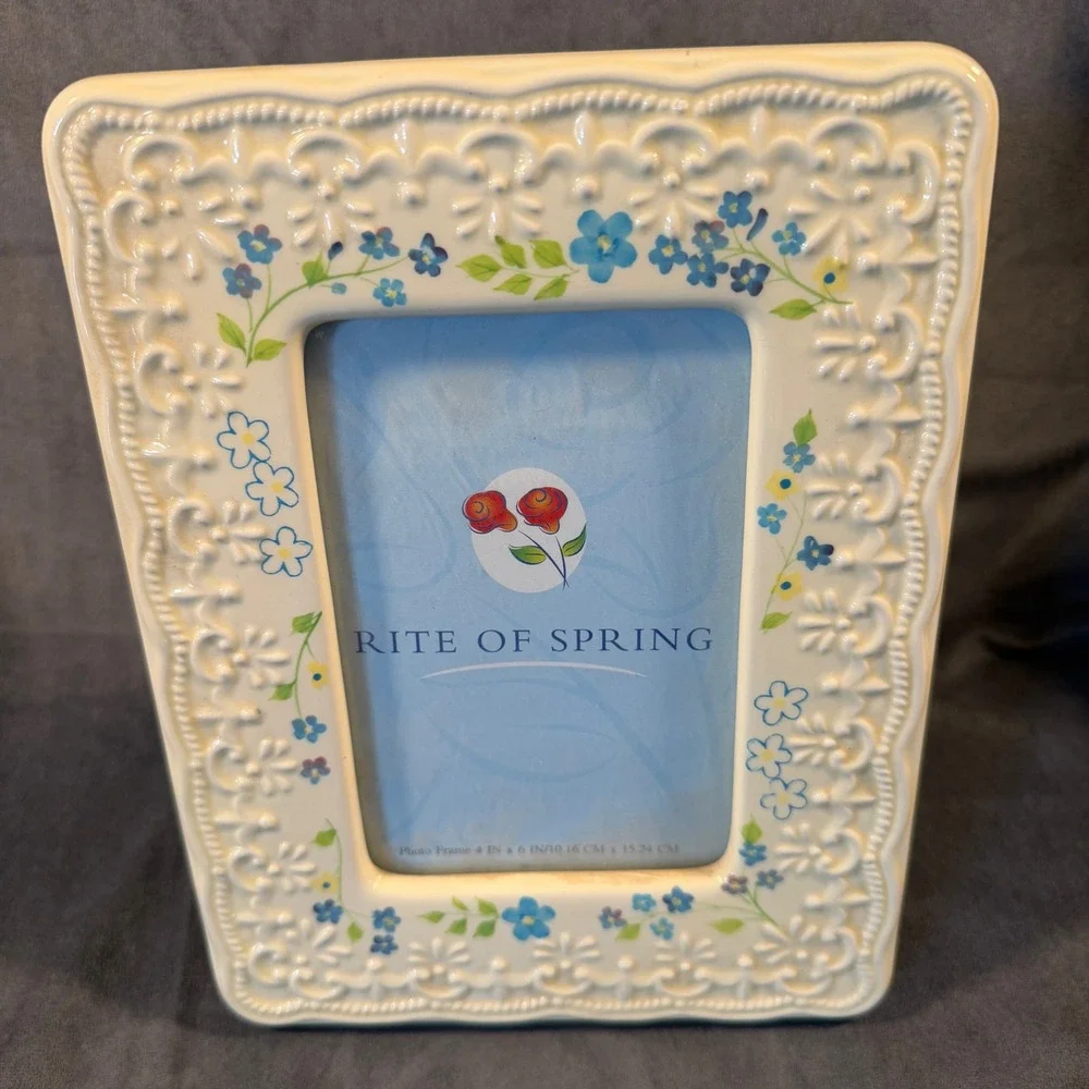 Rite of Spring Ceramic Floral Photo Frame 4x6 Blue Yellow Flowers Cream Embossed